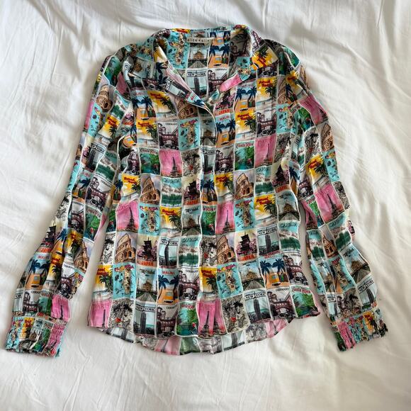Alice + Olivia Willa Wanderlust Postcard Print Button Up Shirt Size S - Picture 2 of 6